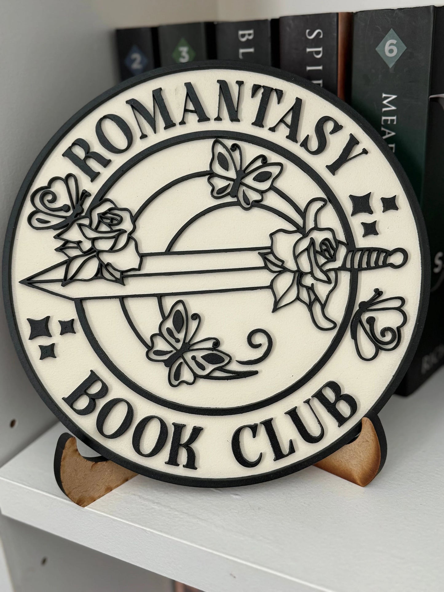 Romantasy Book Club bookshelf sign